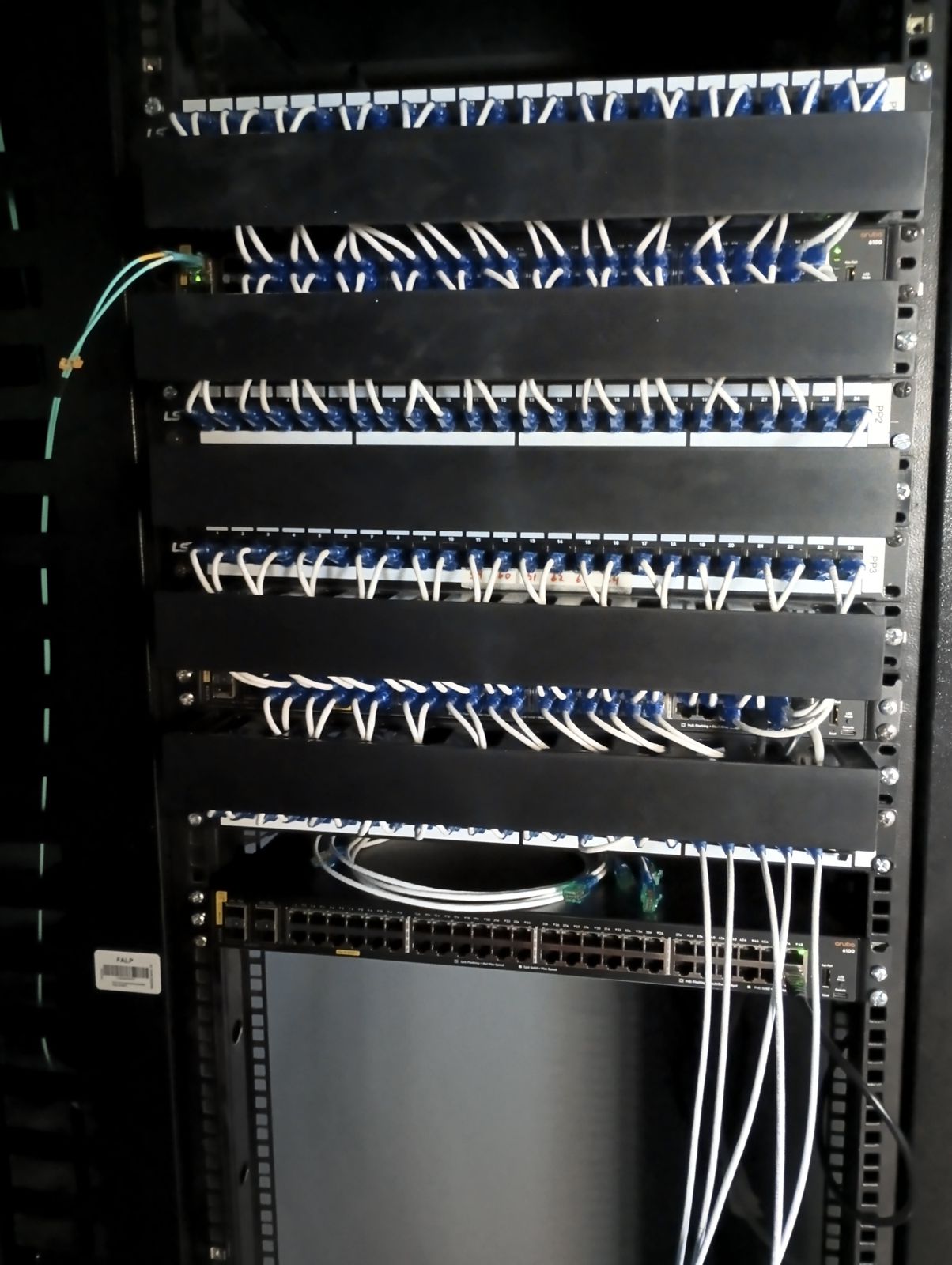 Ordenamiento impecable de cables de red blancos y azules en rack de datos